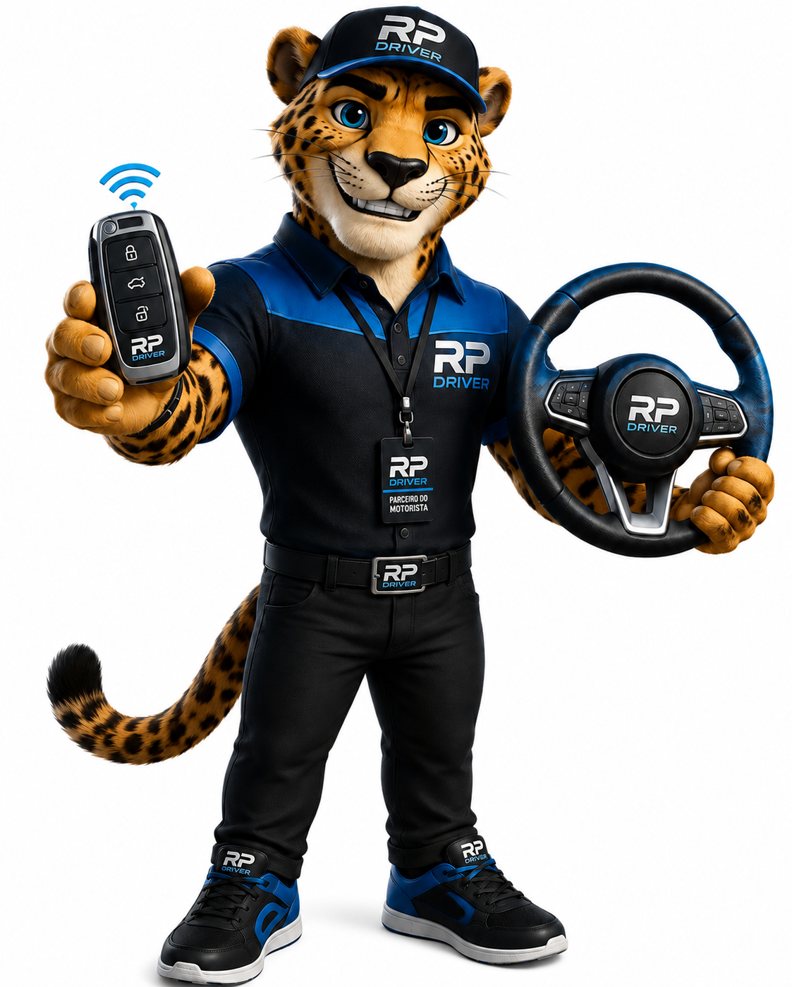 Pierre, o mascote da RP DRIVER — um guepardo vestido com uniforme RP Driver, segurando uma chave presencial e um volante, em fundo branco