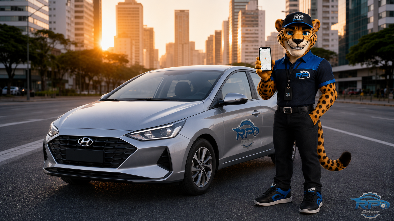 Pierre, mascote da RP DRIVER, ao lado de um Hyundai HB20S prata em avenida urbana ao entardecer