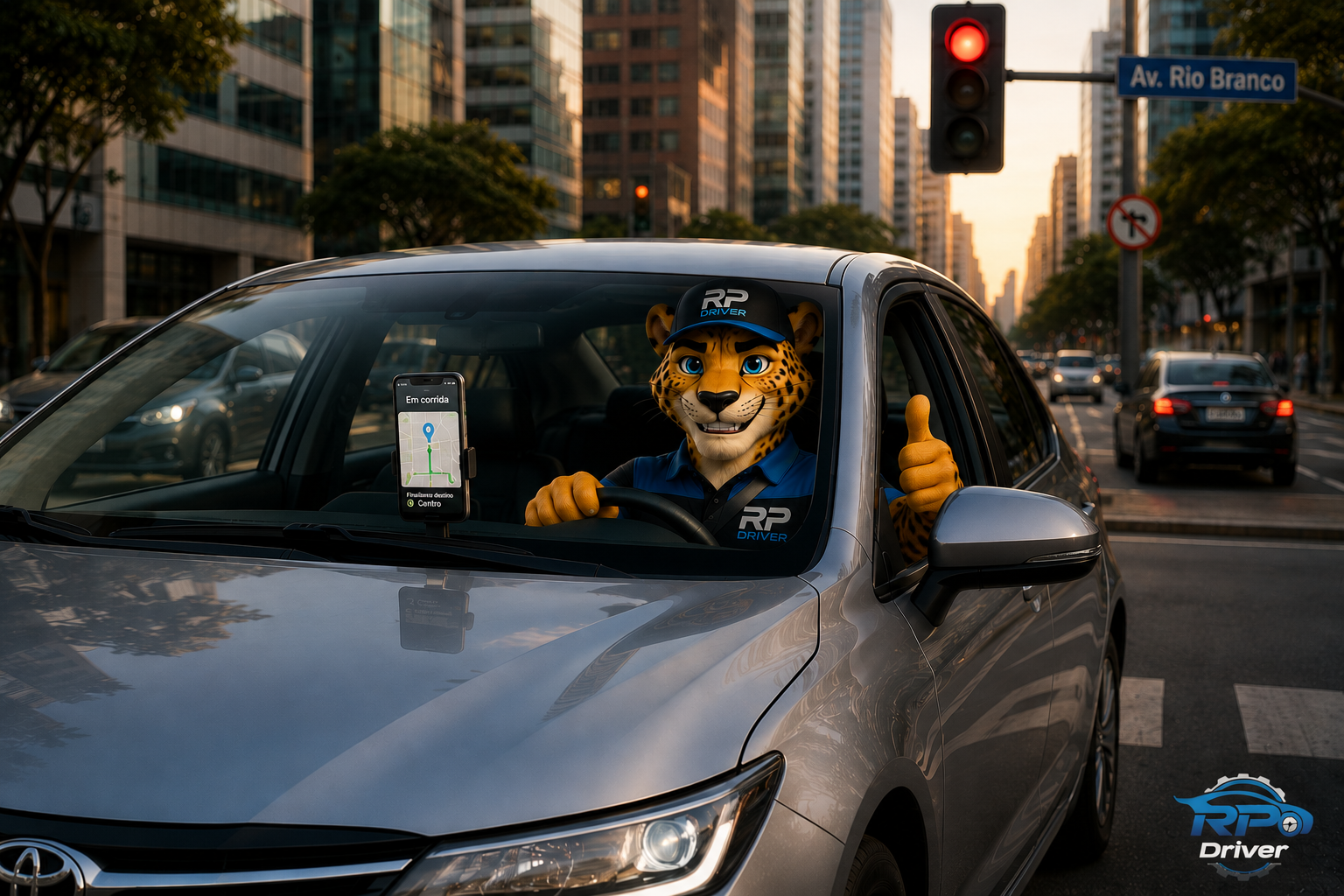 Pierre, mascote da RP DRIVER, dirigindo um sedan em corrida pelo centro da cidade