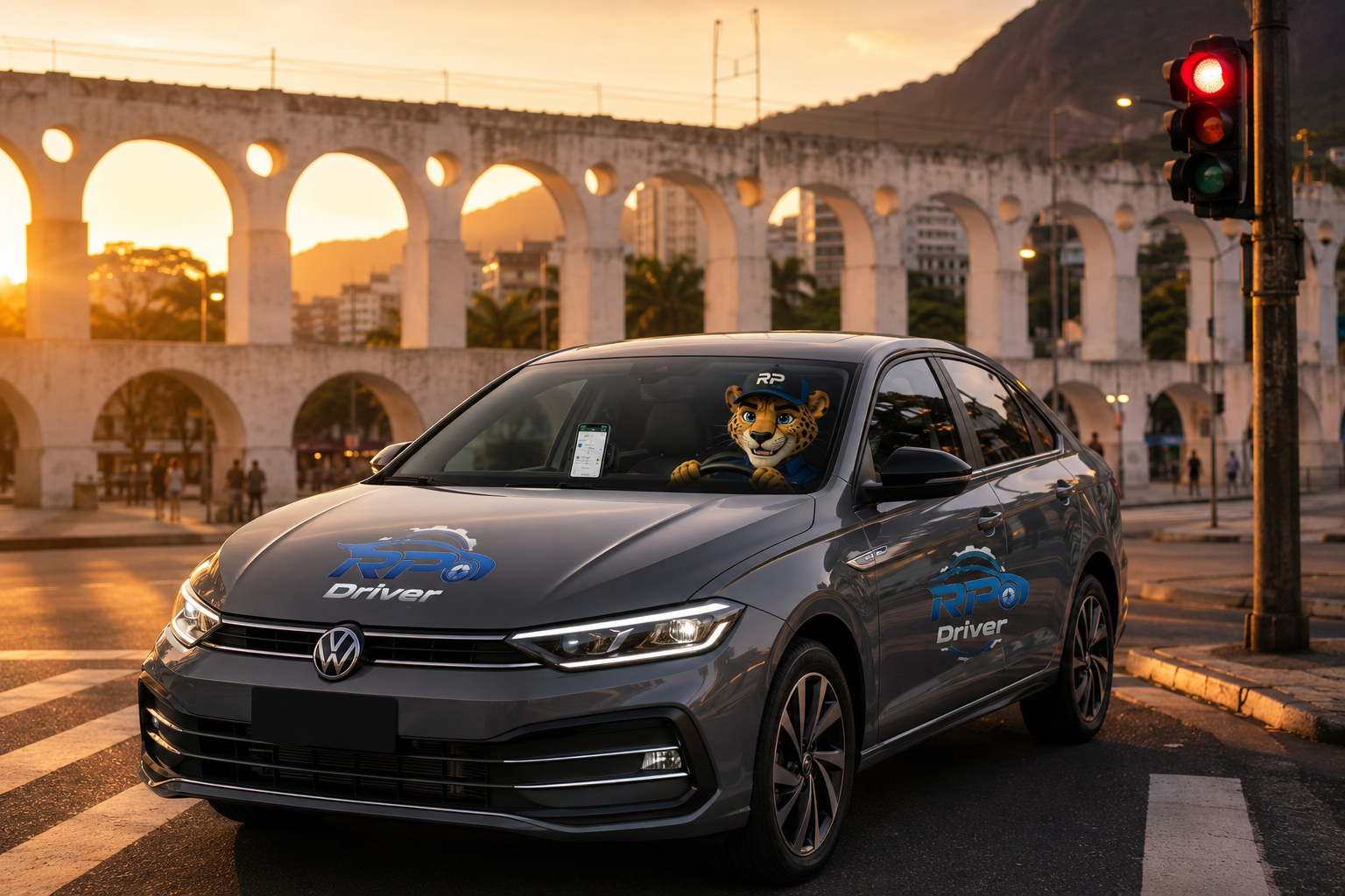 Pierre, mascote da RP DRIVER, dirigindo um sedan cinza com a marca RP Driver em frente aos Arcos da Lapa, no Rio de Janeiro, ao pôr do sol