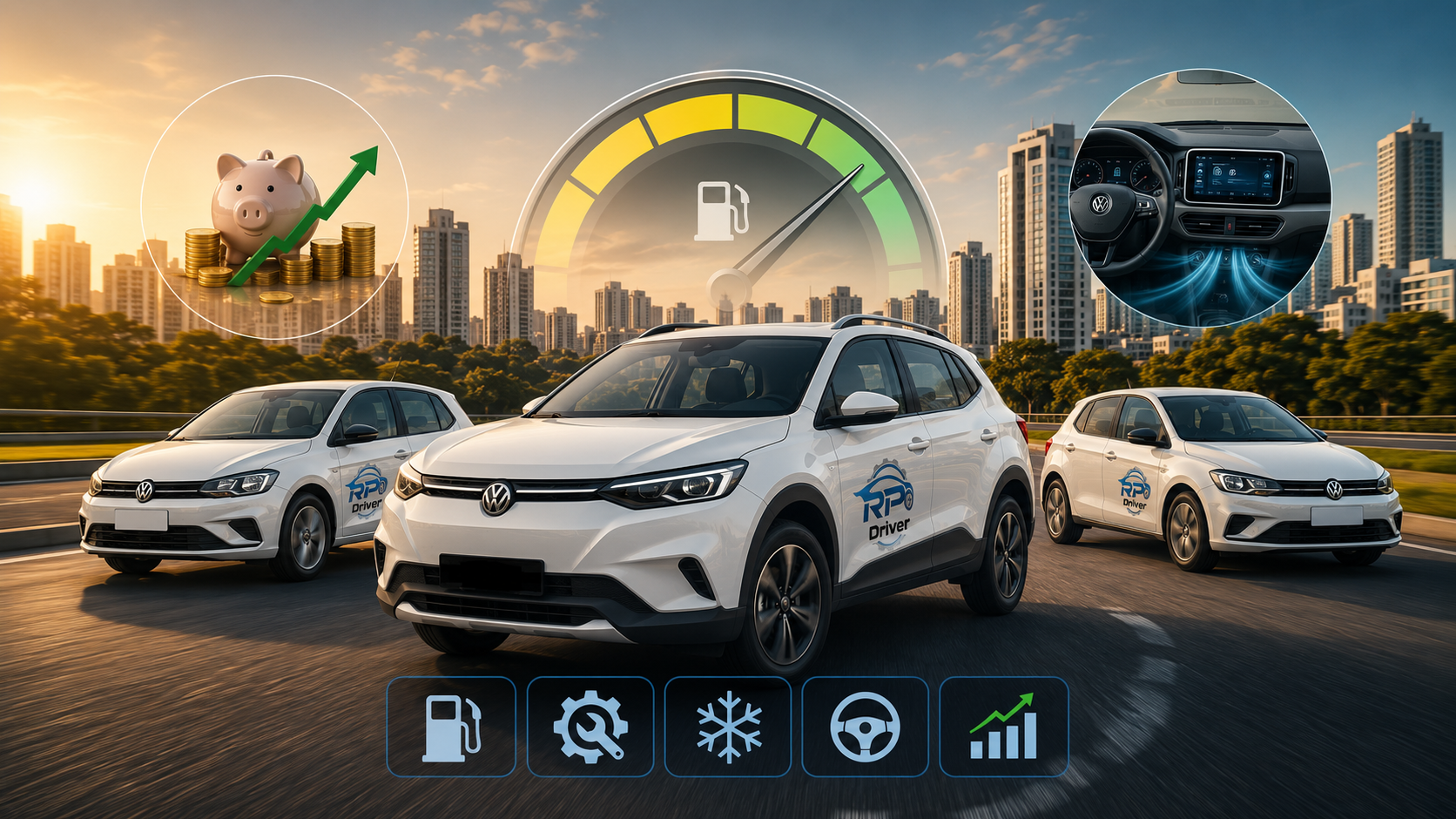 Frota de veículos econômicos da RP DRIVER com baixo consumo, painel de eficiência e alta rentabilidade para aplicativos