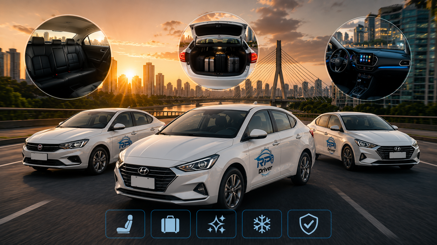 Frota de sedans brancos da RP DRIVER com tecnologia, conforto e espaço para motoristas de aplicativos