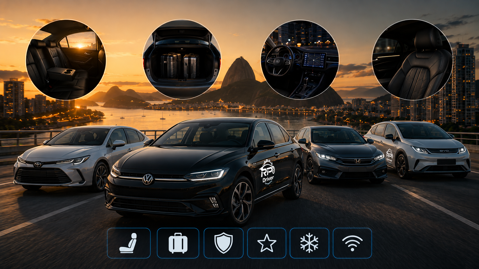 Frota premium da RP DRIVER com sedans executivos e elétricos em avenida do Rio de Janeiro ao pôr do sol, com detalhes de interior, porta-malas, painel e bancos de couro
