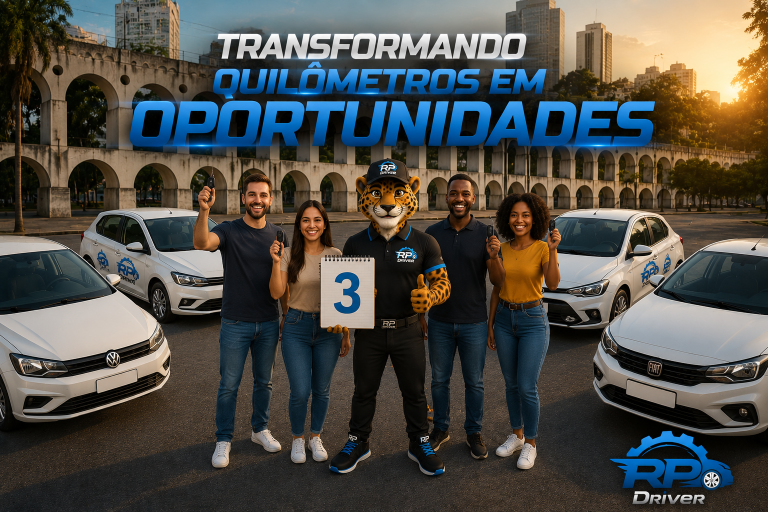 Mascote Pierre e motoristas parceiros da RP DRIVER com a frota - comece em 3 passos
