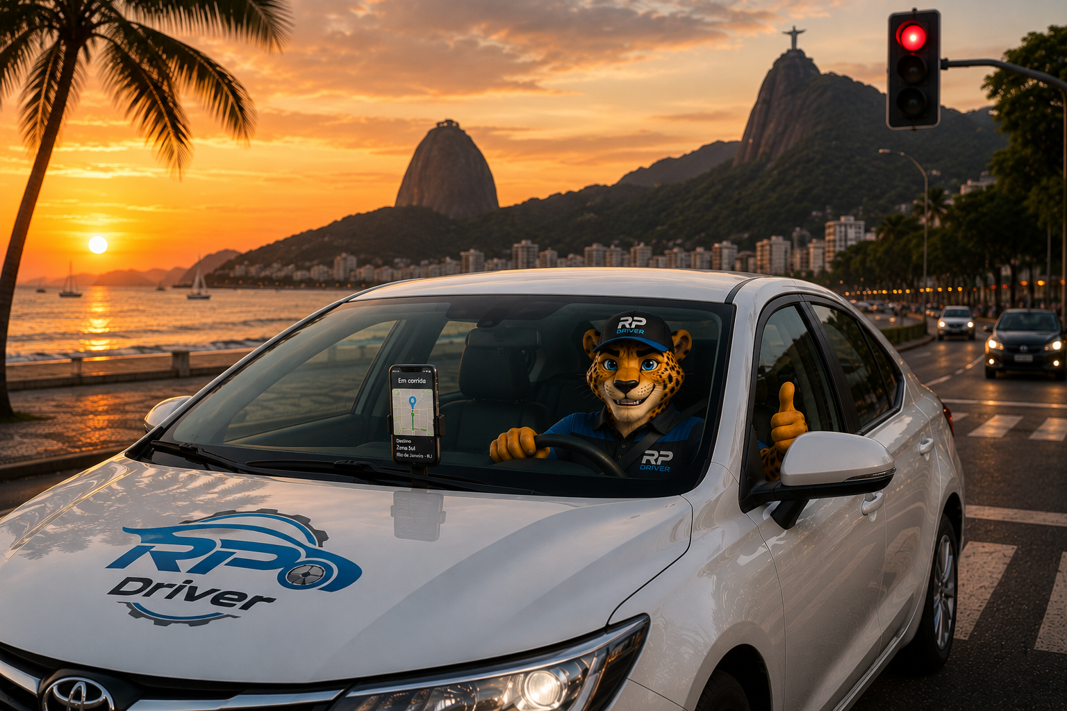 Pierre, mascote da RP DRIVER, dirigindo um sedan branco com a marca RP Driver pela orla do Rio de Janeiro ao pôr do sol